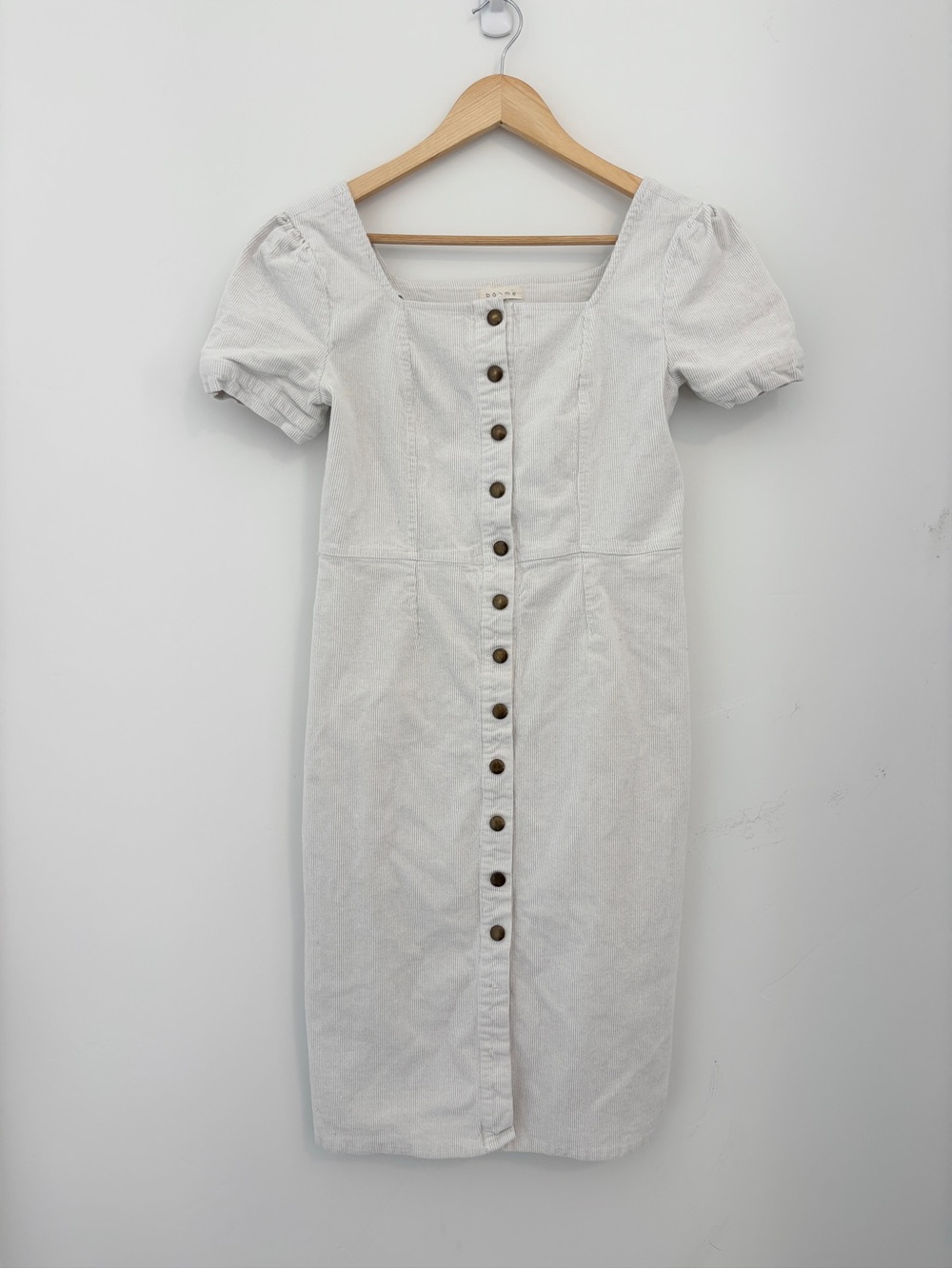 Böhme White Button-Front Square Neck Midi Corduroy Dress, Medium
